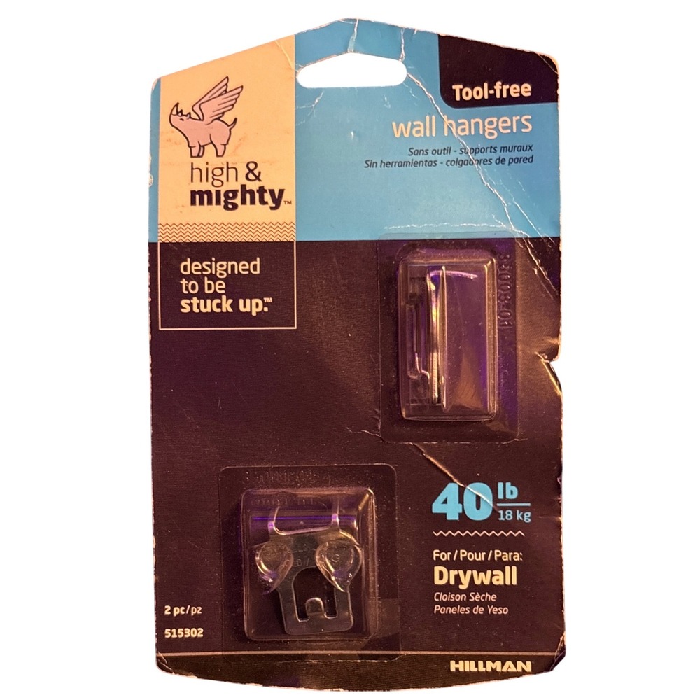 NEW High & Mighty Tool-Free‎ Drywall Wall Hangers 40 lb 2 Pack Hillman